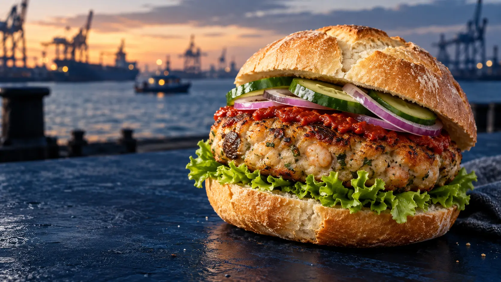 Visualisierung der Möwenbrötchen-Konzeptidee mit Fisch-Patty, Salat, Gurke, roten Zwiebeln und Tomatenaufstrich vor dem Hamburger Hafen